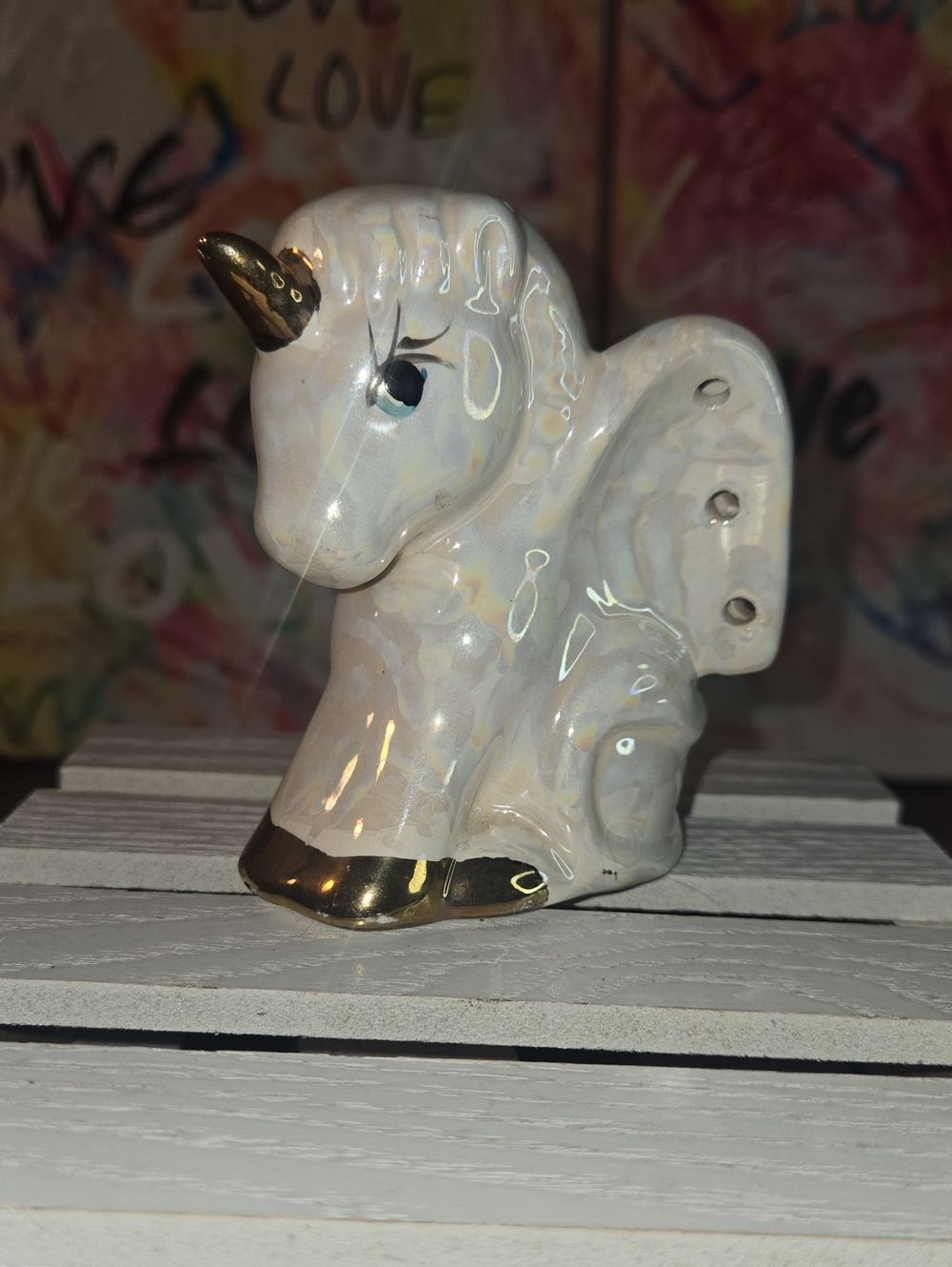 Iridescent White Unicorn Figurine with Gold Accents - Home Art